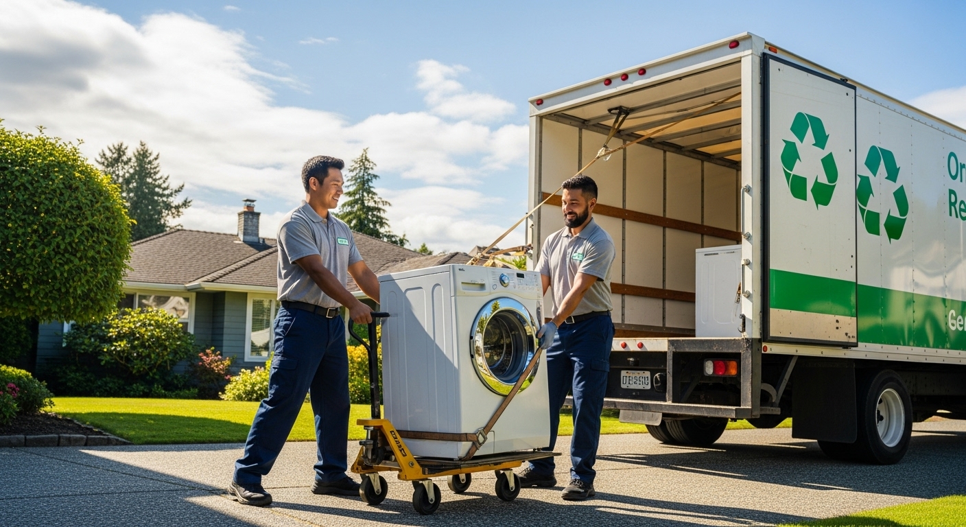 Professional junk removal team hauling away an old appliance for recycling in Vancouver.