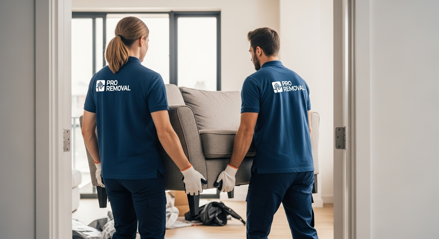 A professional junk removal team efficiently clearing out furniture from a Vancouver apartment during a turnover.