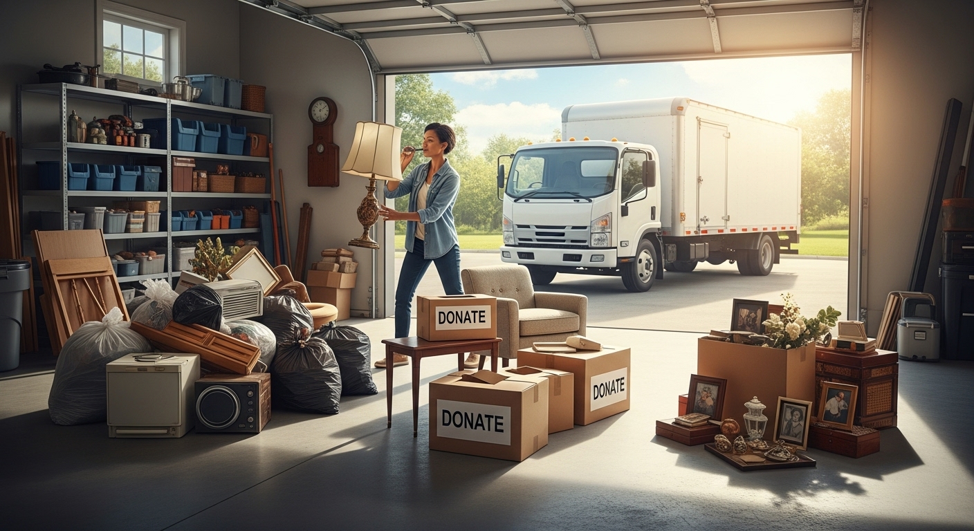 Boxes of inherited items being sorted into piles for junk removal, donation, and keeping.