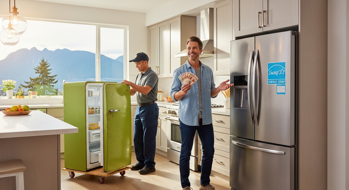 A person receiving cash back for trading in an old appliance in Vancouver.