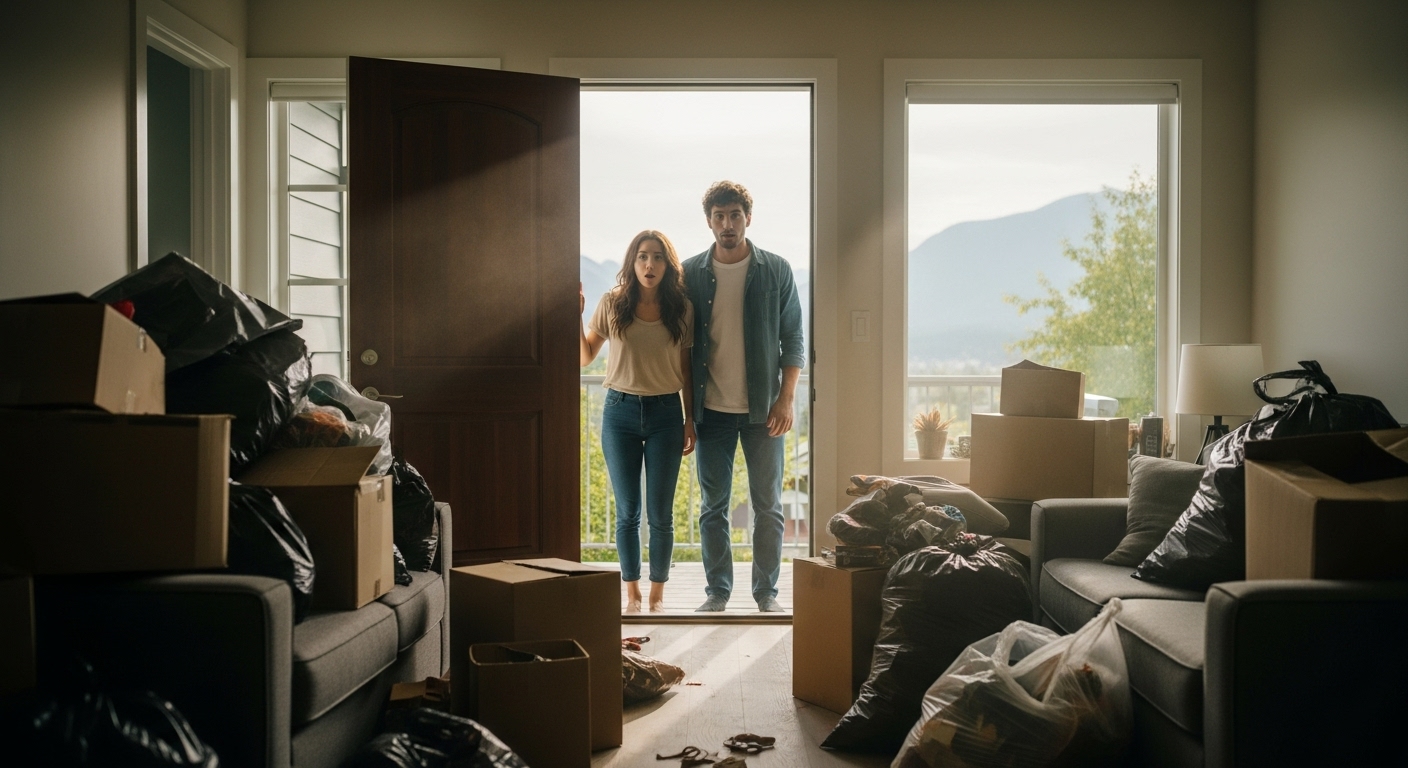 A Vancouver homeowner stands in a cluttered room filled with junk left by the previous owner.